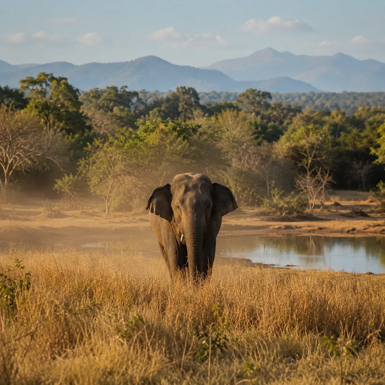 A wild elephant standing in tall golden grass at the edge of dry-zone forest in southern Sri Lanka