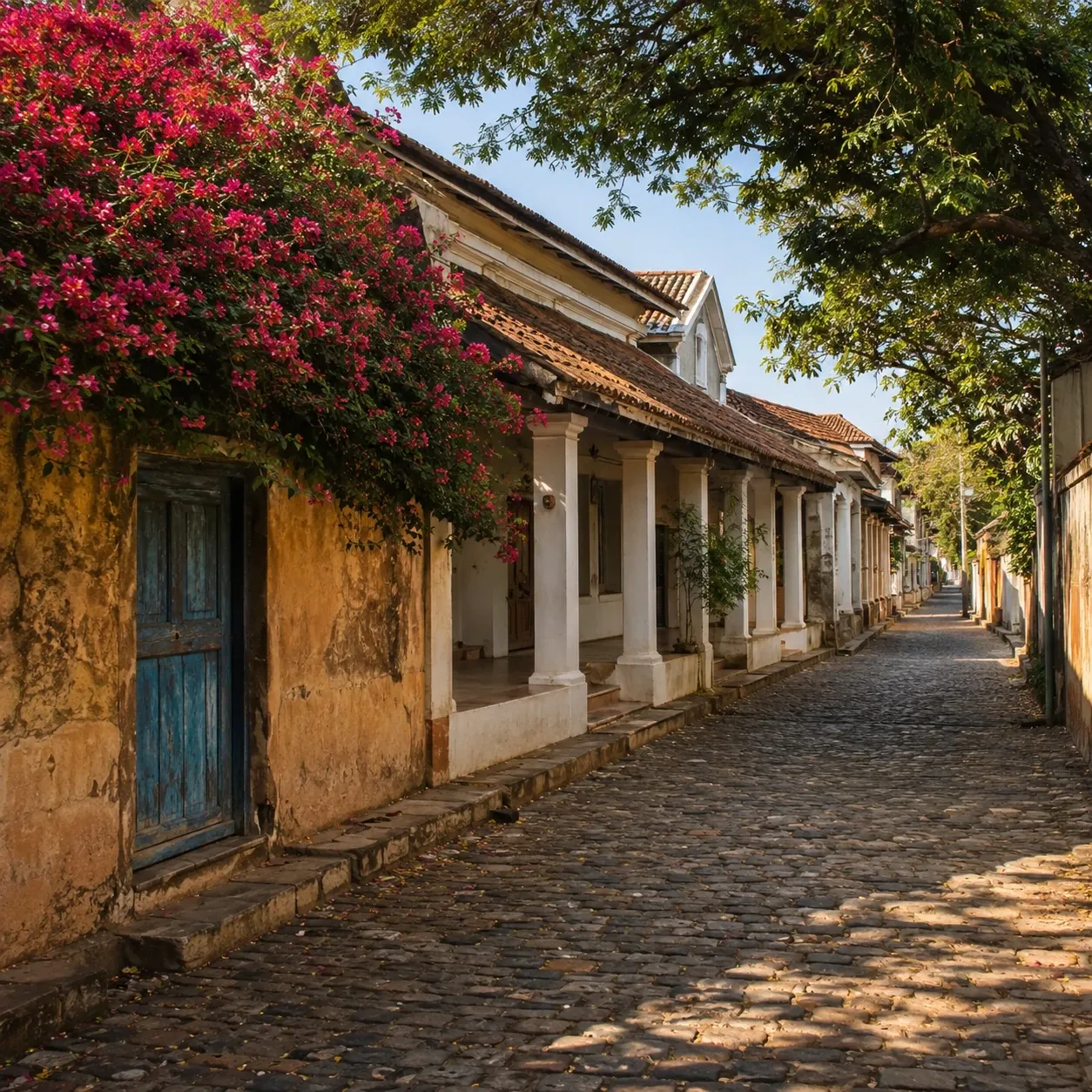 A quiet cobbled street of colonial verandas and bougainvillea inside Galle Fort, Sri Lanka