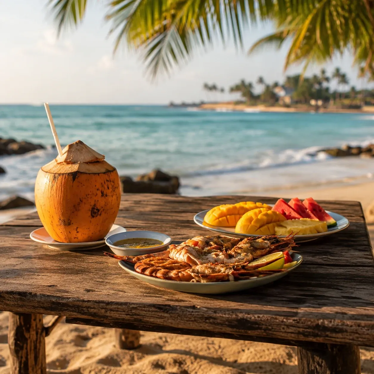 Fresh tropical fruit and king coconut on a beachfront table on the south coast of Sri Lanka