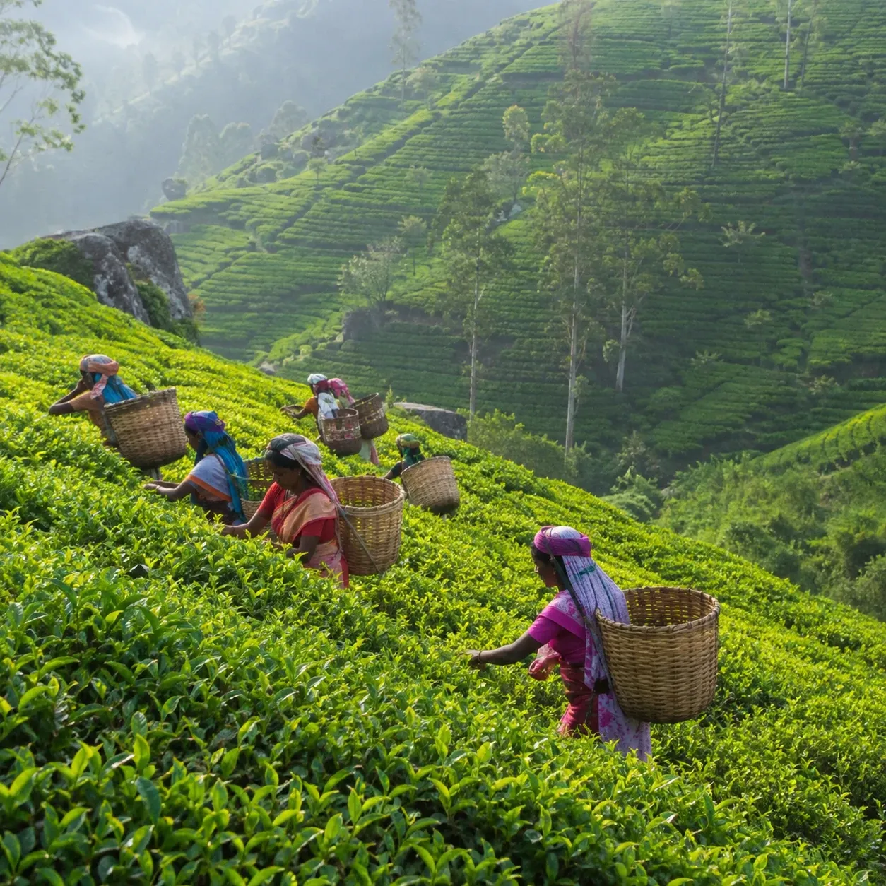 Tea pluckers with woven baskets working between rows of tea bushes in the Sri Lankan highlands