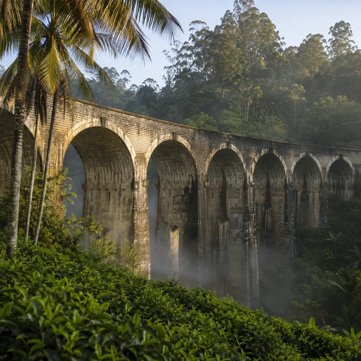 The Nine Arch Bridge seen from below among tea bushes and jungle at Ella, Sri Lanka