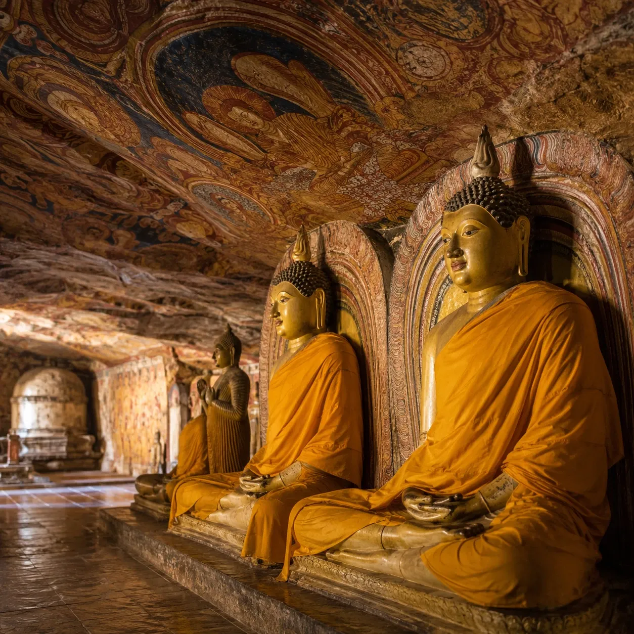 Saffron-robed Buddha statues beneath painted rock murals in a Dambulla cave temple, Sri Lanka