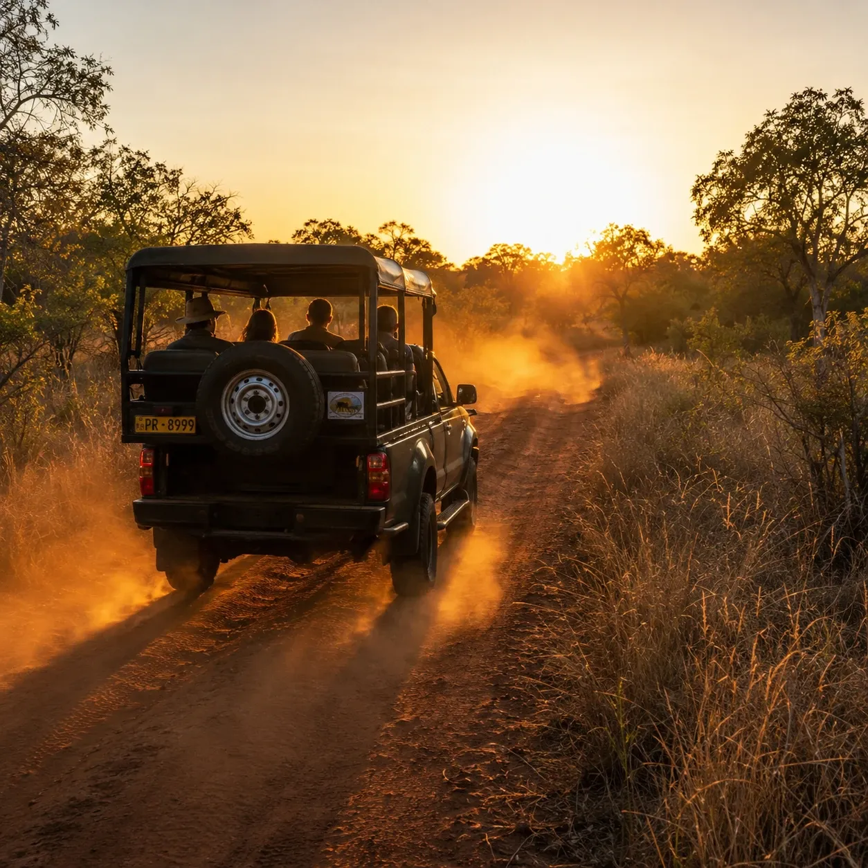 An open safari jeep on a dusty track at sunrise in a Sri Lankan national park