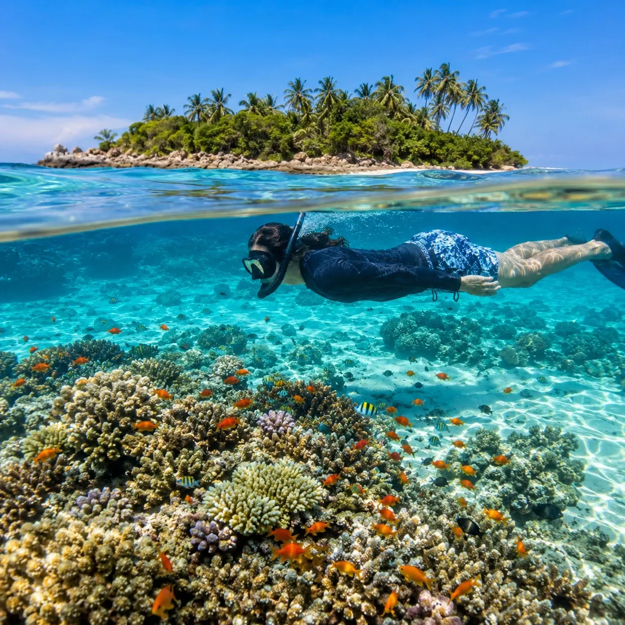 Split-level view of coral reef and fish while snorkelling at Pigeon Island near Trincomalee, Sri Lanka