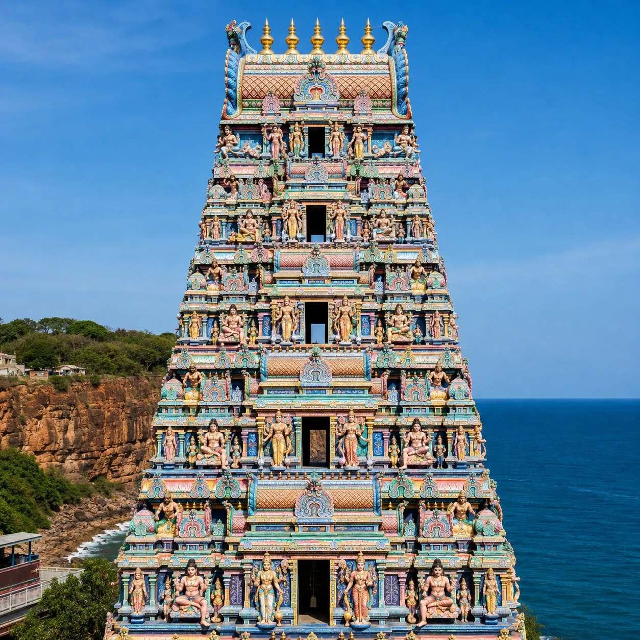 The colourful sculpted gopuram tower of Koneswaram temple at Trincomalee, Sri Lanka