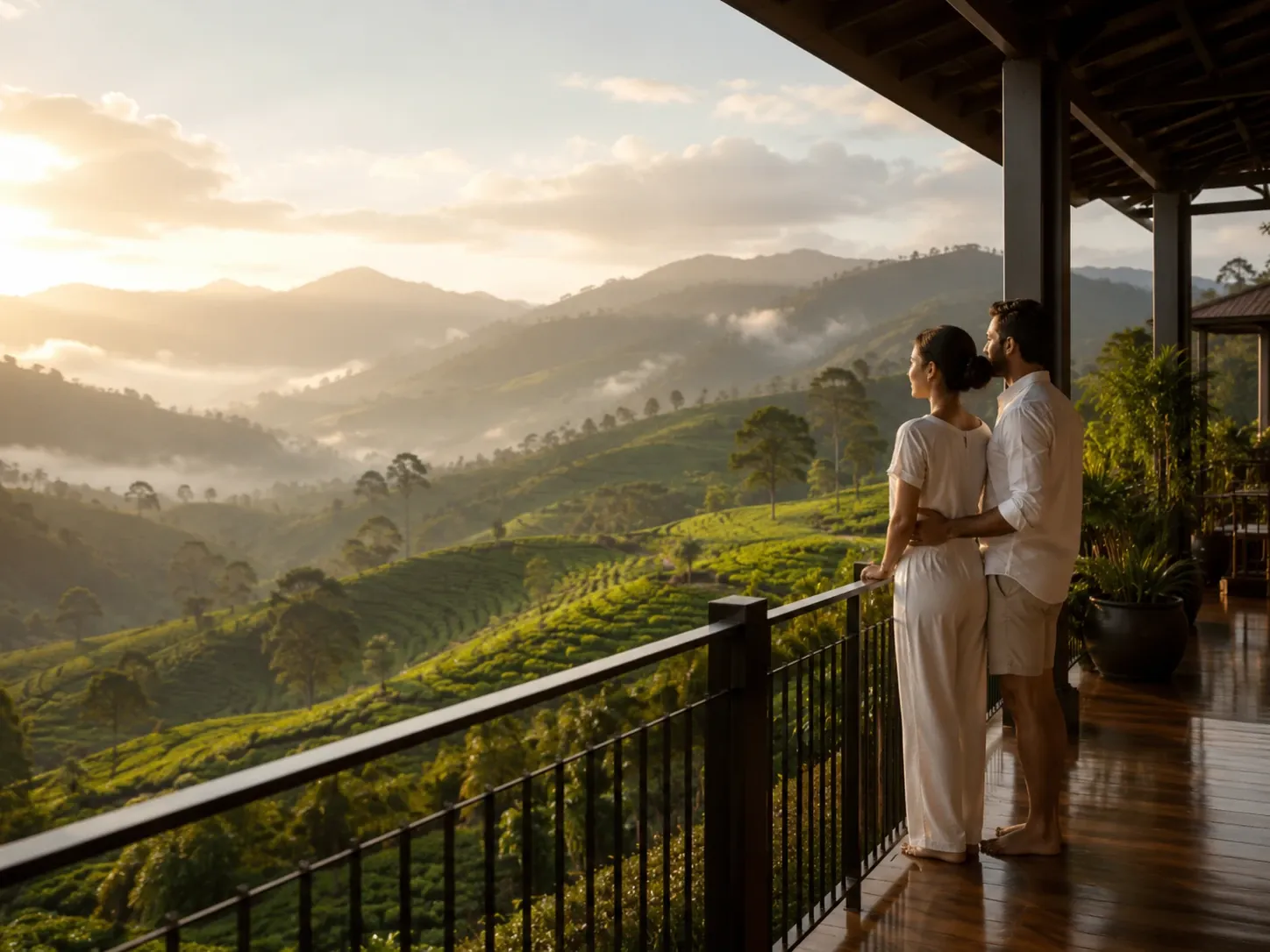 Romantic Sri Lanka honeymoon landscape with hills and coast