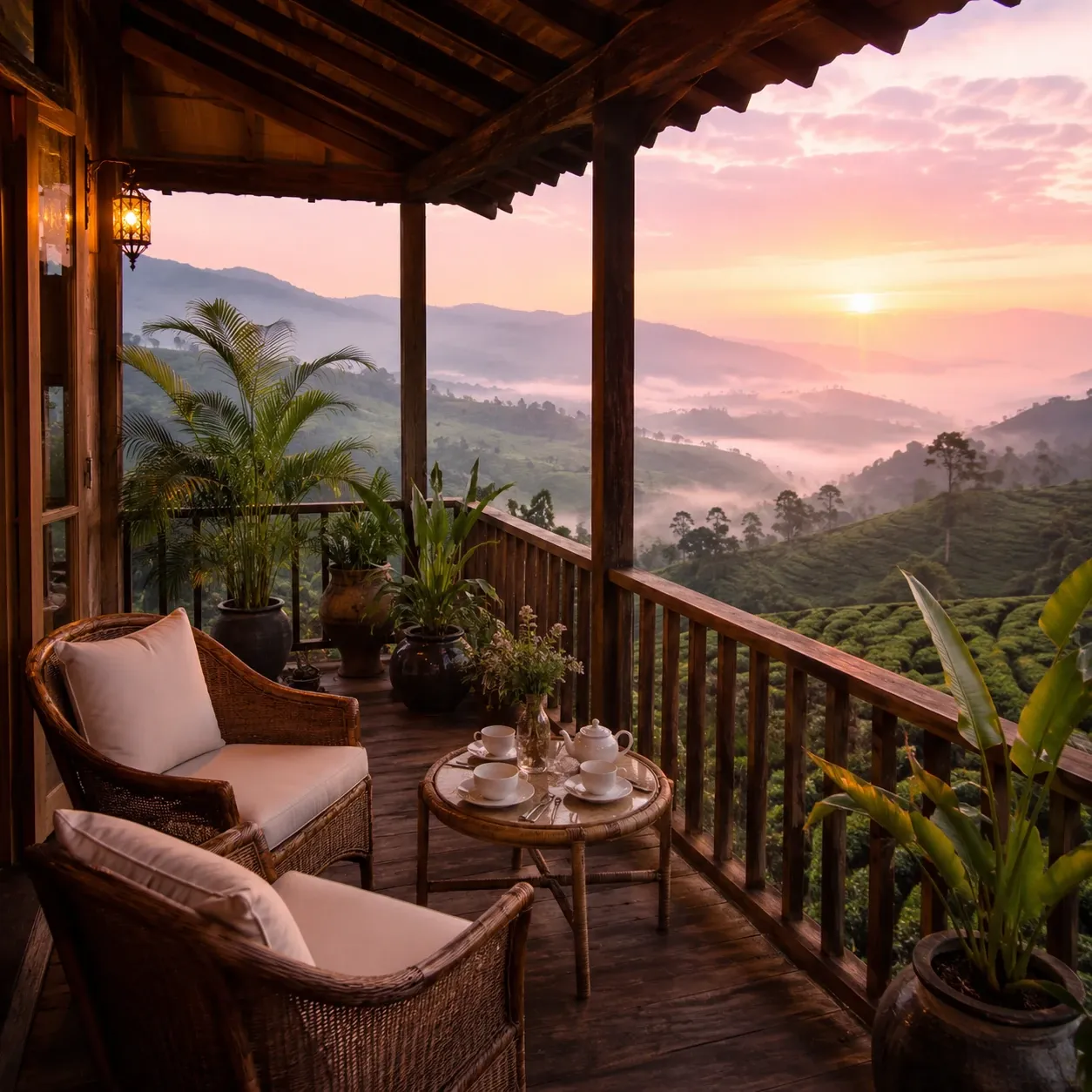 A private bungalow balcony set for two overlooking misty tea-covered mountains at sunrise, Sri Lanka