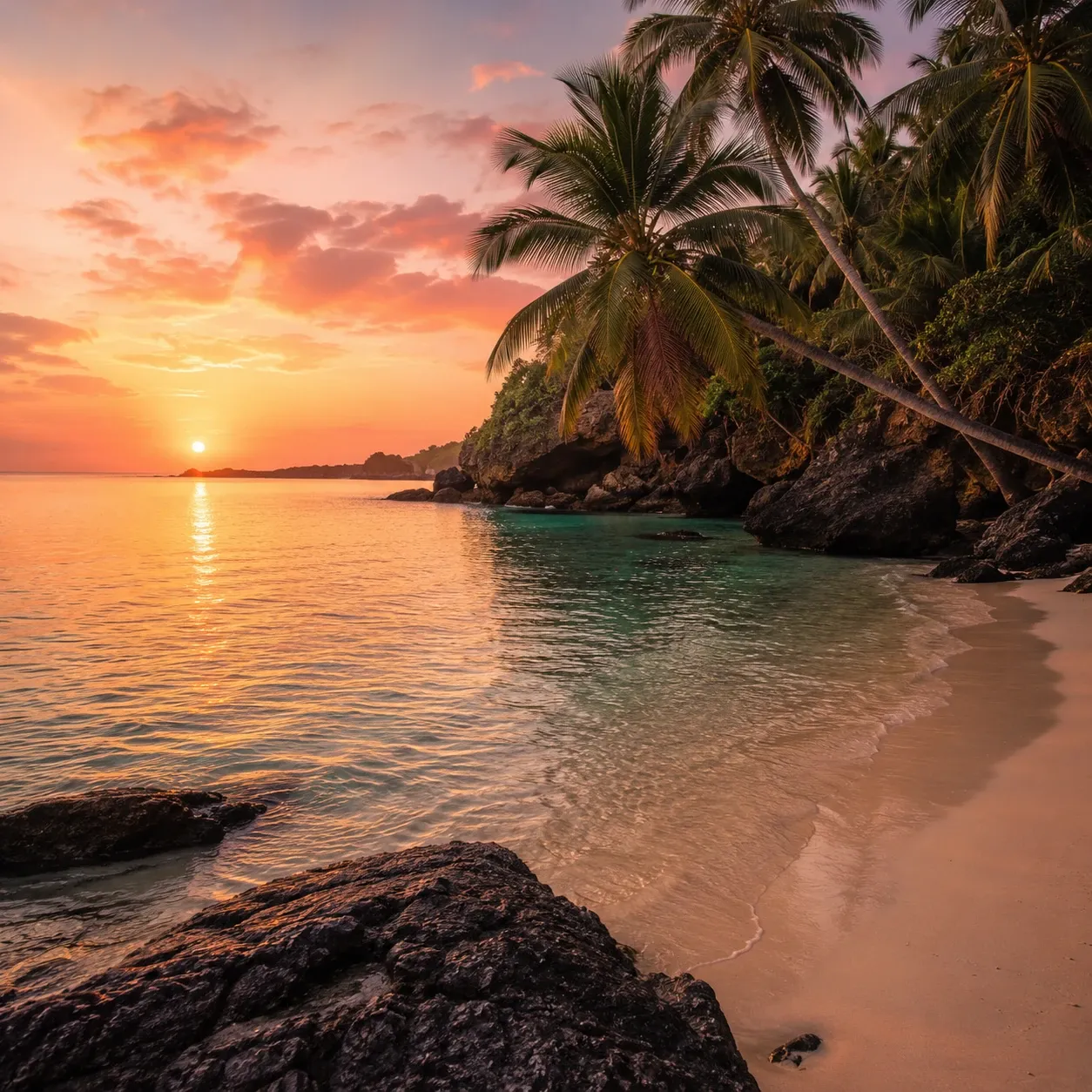 A secluded palm-fringed cove at sunset on the southern coast of Sri Lanka