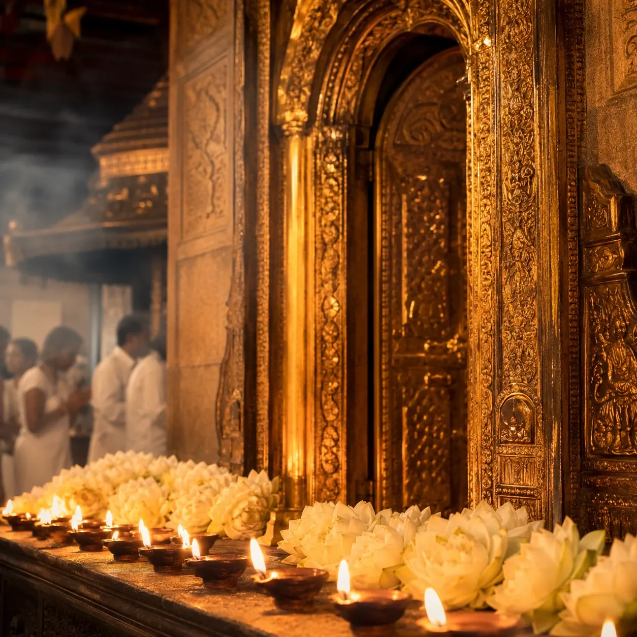 Oil lamps and lotus offerings at the golden doorway of the Temple of the Sacred Tooth Relic in Kandy, Sri Lanka
