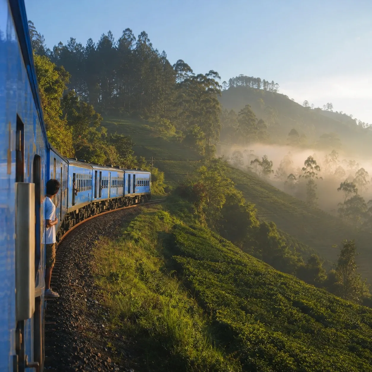 A blue train curving past tea plantations on the hill-country railway between Kandy and Ella, Sri Lanka