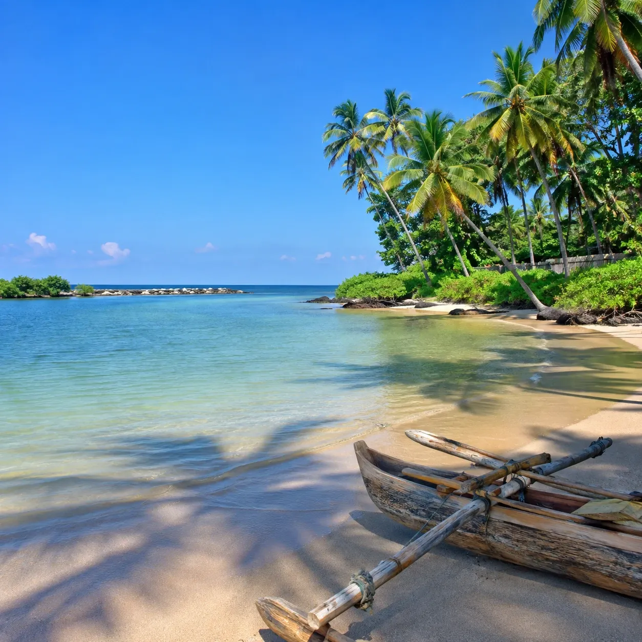 A calm sheltered beach lagoon with gentle waves and coconut palms at Bentota, Sri Lanka