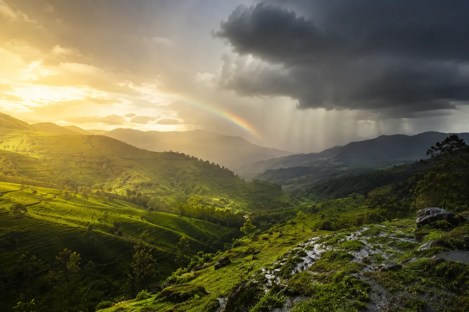 Sunlight on green tea hills beside an advancing monsoon rain curtain in Sri Lanka, showing the regional split in seasons