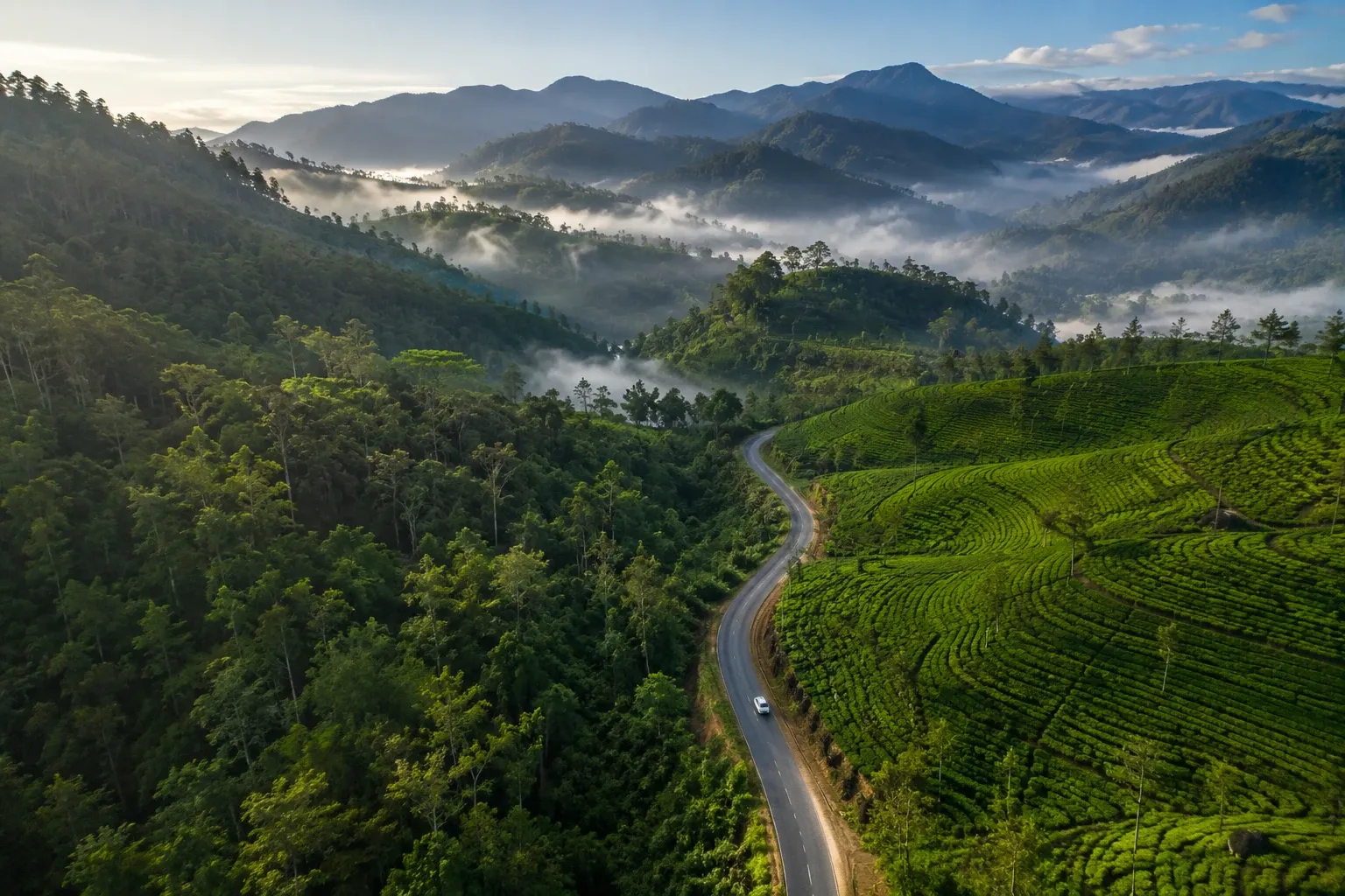 Aerial view of a road winding from jungle through tea slopes toward distant mountains in central Sri Lanka