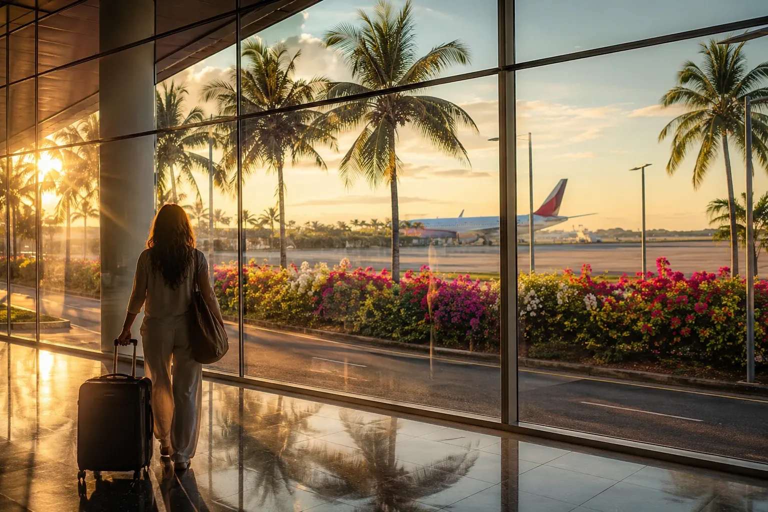 Golden-hour view through an airport terminal window toward palms and bougainvillea on arrival in Sri Lanka