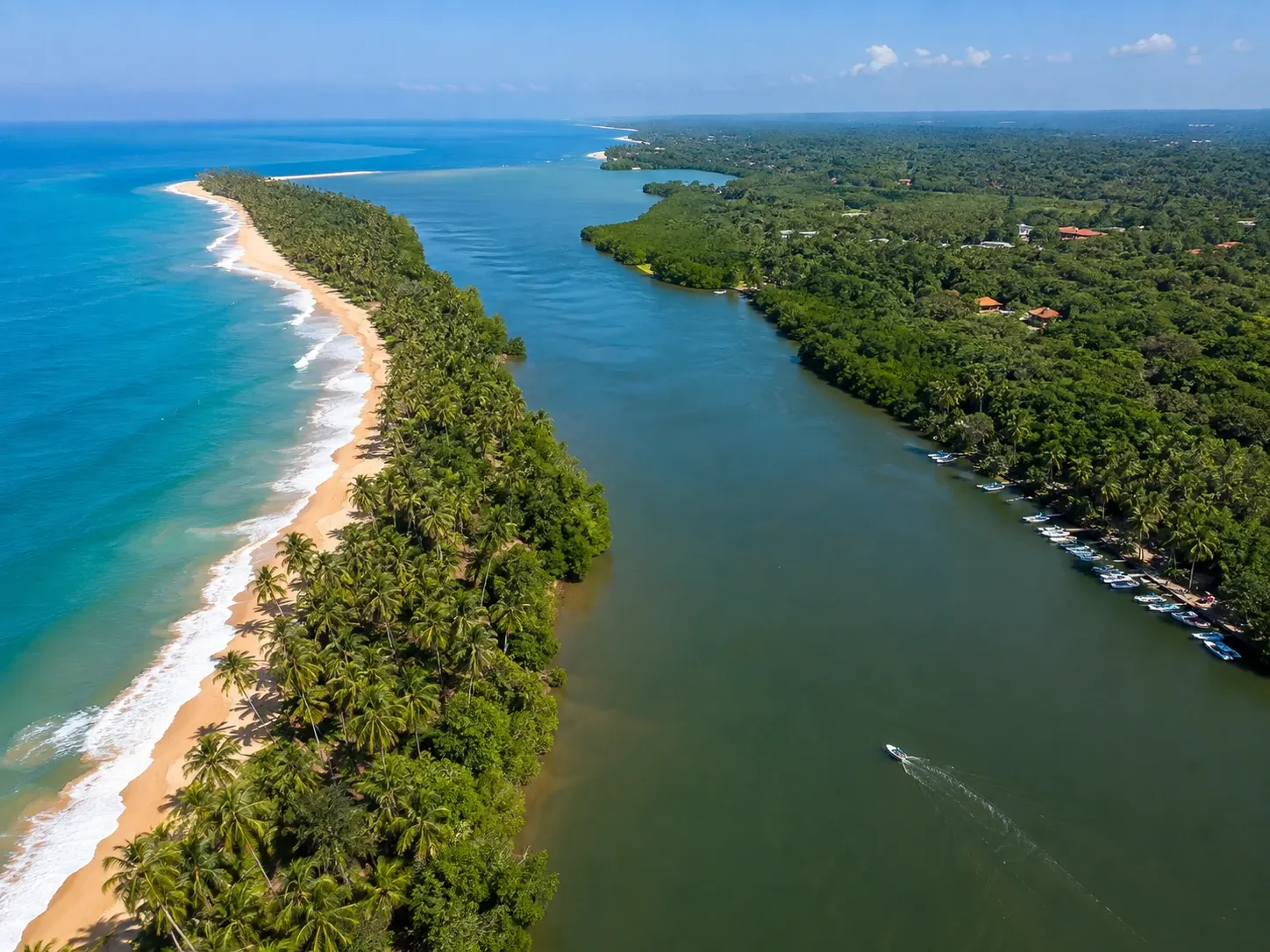 The Bentota river mouth meeting the Indian Ocean along a palm-covered sandbar, southwest Sri Lanka