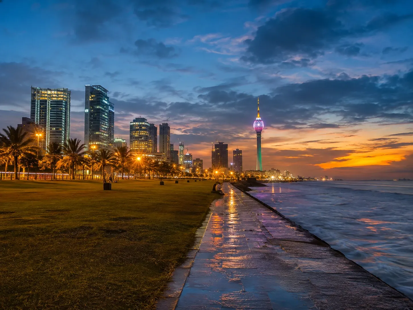 The Colombo skyline at dusk seen from the Galle Face Green waterfront, Sri Lanka
