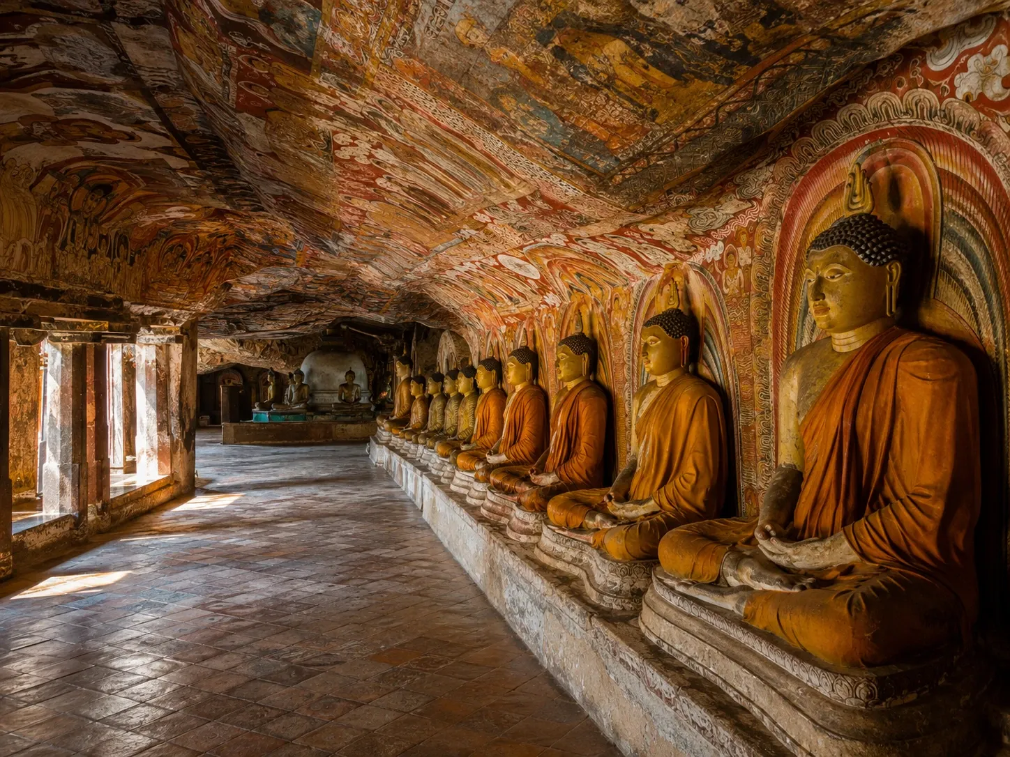 Seated Buddha statues beneath painted murals inside the Dambulla Cave Temple, Cultural Triangle, Sri Lanka