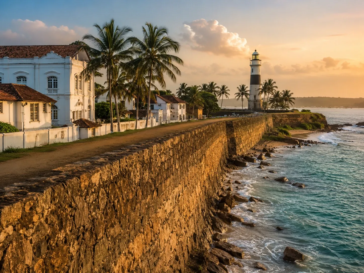 Galle Fort lighthouse and colonial rampart wall above the Indian Ocean on the south coast of Sri Lanka