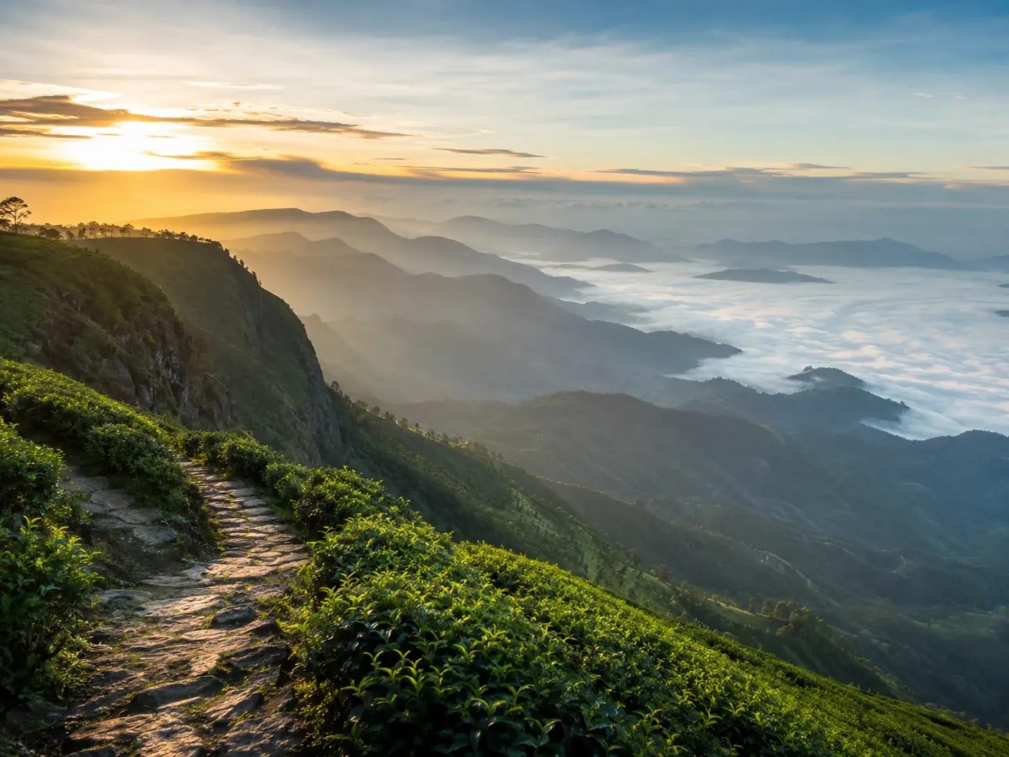 The view from Lipton's Seat over layered tea-covered ridges and cloud-filled valleys at Haputale, Sri Lanka