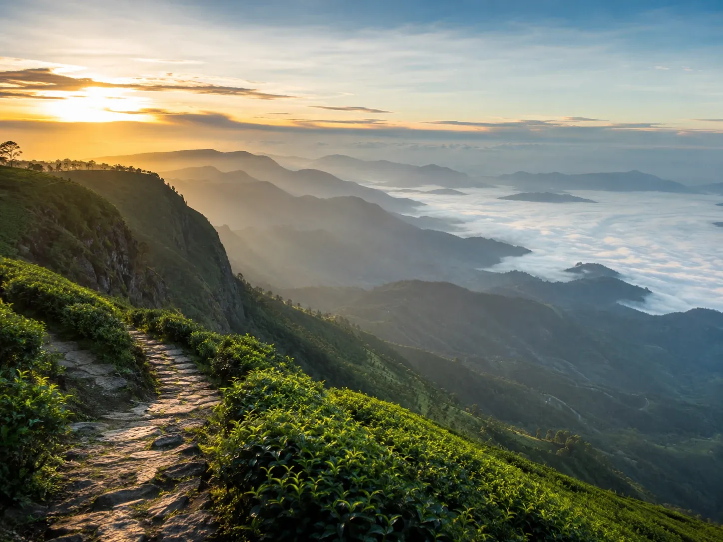 The view from Lipton's Seat over layered tea-covered ridges and cloud-filled valleys at Haputale, Sri Lanka