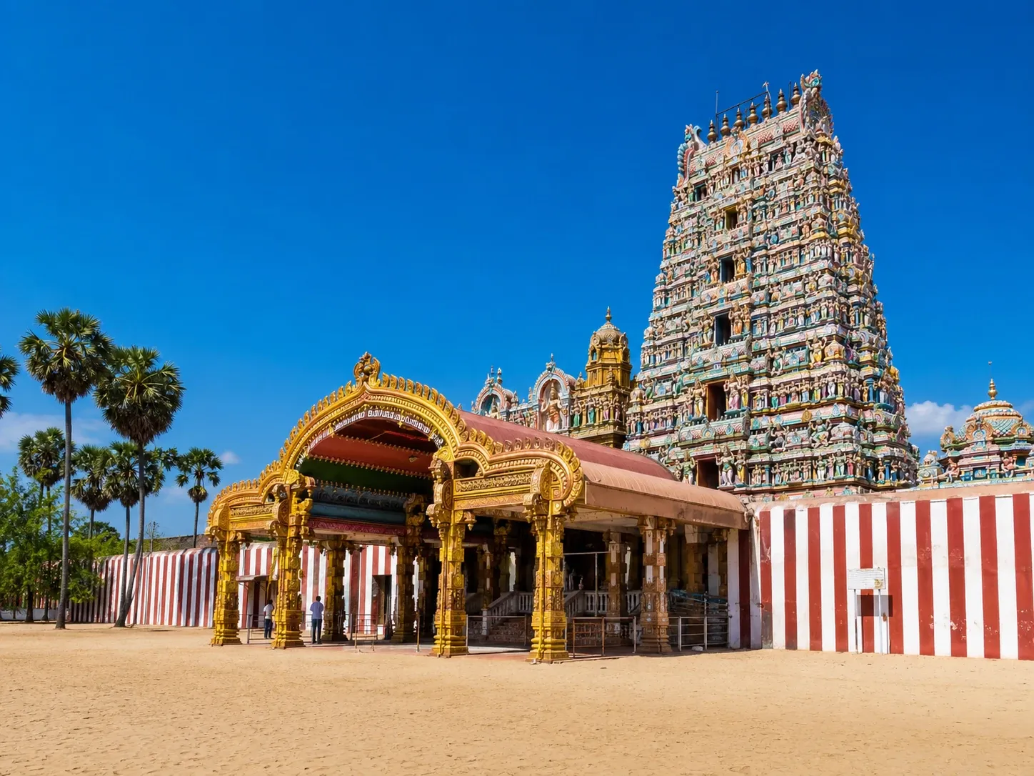 The painted gopuram tower of Nallur Kandaswamy Hindu temple in Jaffna, northern Sri Lanka