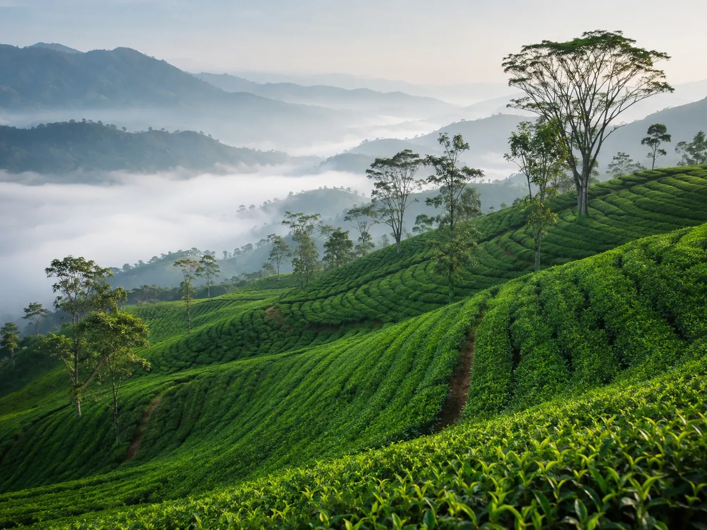Terraced tea plantation slopes under morning mist at Nuwara Eliya in Sri Lanka tea country