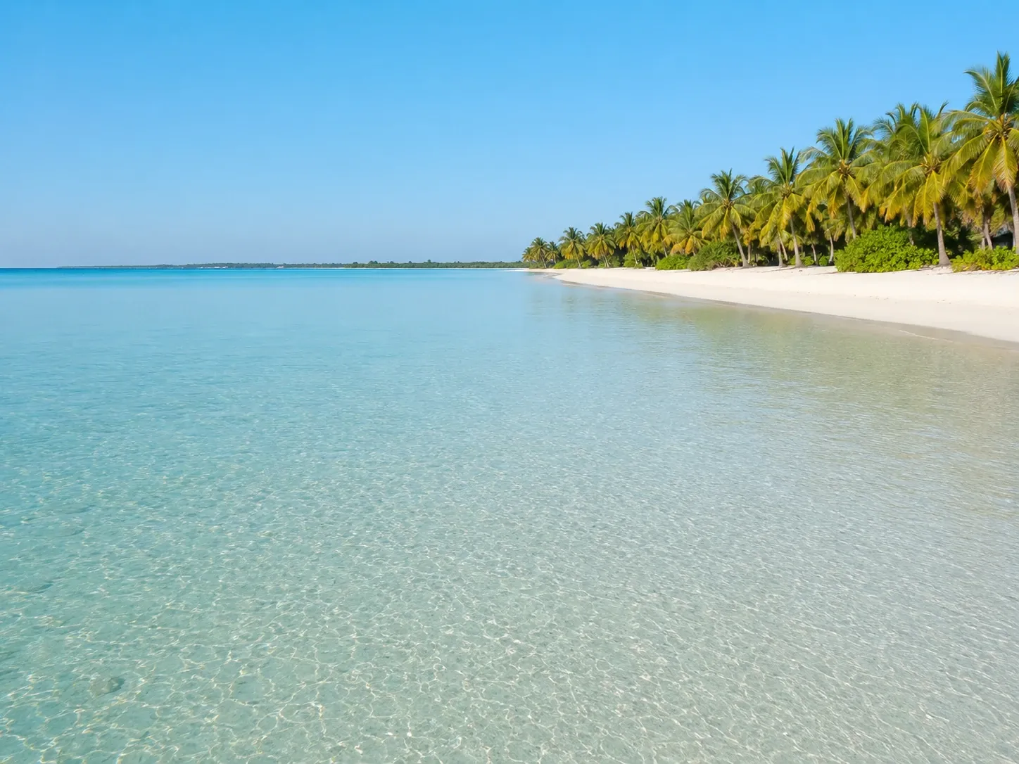 The shallow calm turquoise bay and white sand arc at Pasikuda on the east coast of Sri Lanka