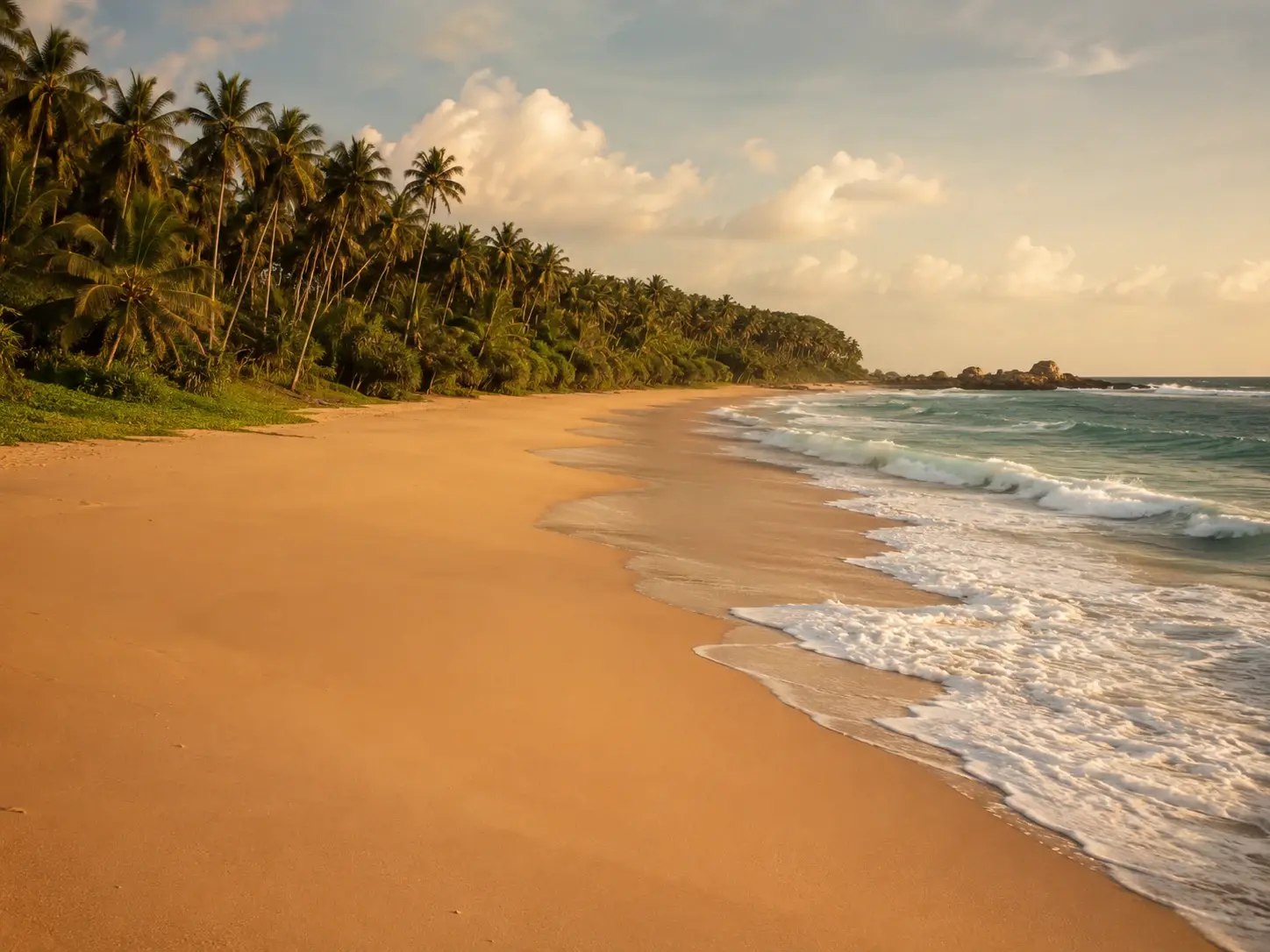An empty palm-lined beach curving into the distance at Tangalle on the south coast of Sri Lanka