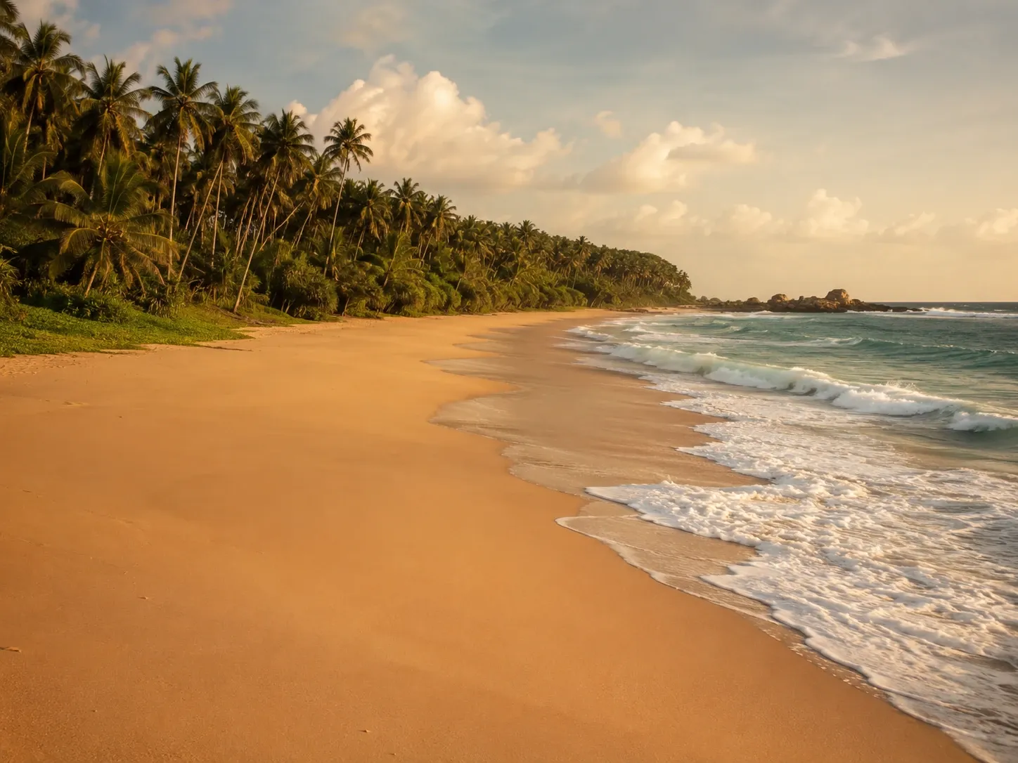 An empty palm-lined beach curving into the distance at Tangalle on the south coast of Sri Lanka