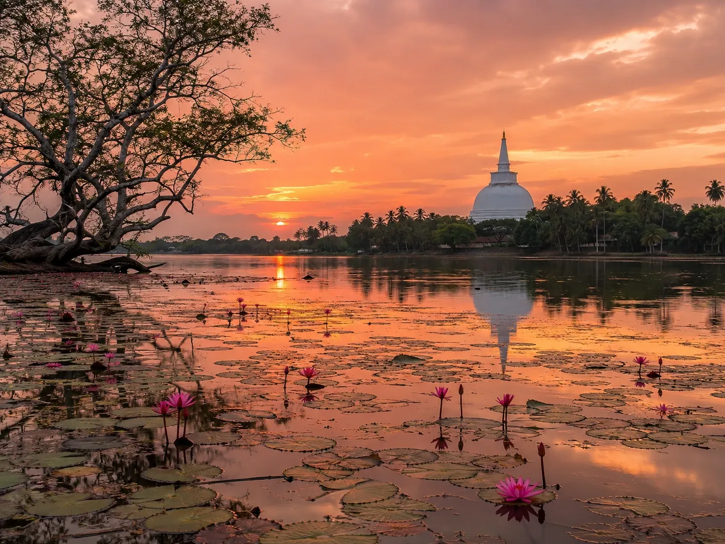 Lotus flowers on Tissa Wewa reservoir with a white dagoba on the far bank at Tissamaharama, Sri Lanka