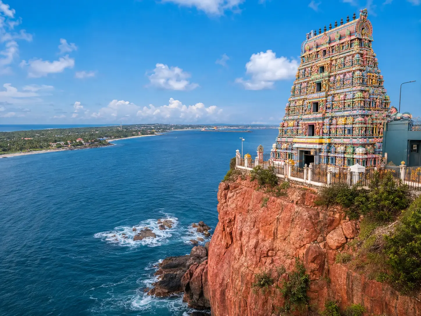 Koneswaram Hindu temple on the red cliff above the harbour at Trincomalee, east coast of Sri Lanka
